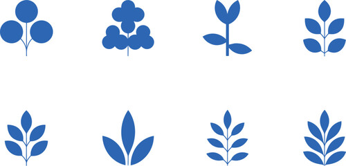 Set of eight stylized blue plant and leaf icons on white vector illustration