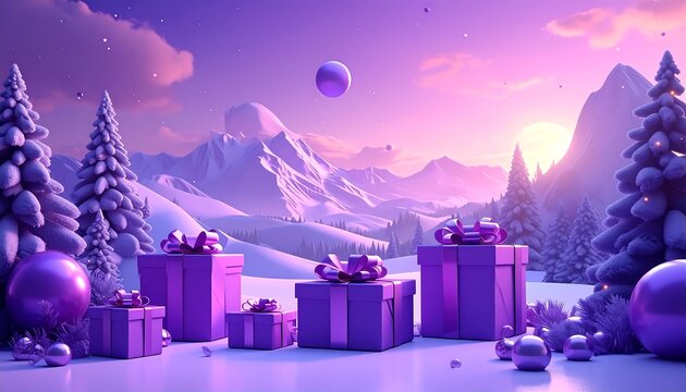 A wintry, snowy scene featuring wrapped gifts with bows, fir trees, and mountains under a pastel sky - Powered by Adobe