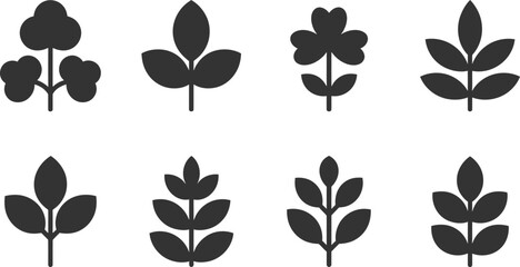Set of eight stylized dark gray plant and leaf icons on white vector illustration