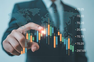 Graphs and world financial markets data. Investor pointing at the candlestick chart.