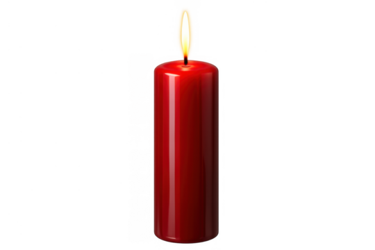 Red pillar candle with a burning golden flame illuminating spiritual concepts and warm festive feelings, transparent background