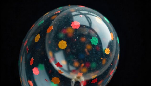 Close up of a bursting confetti balloon, showcasing the dynamic explosion of colorful particles in mid air. Extreme close up of a clear balloon that has just burst, with a dynamic explosion of