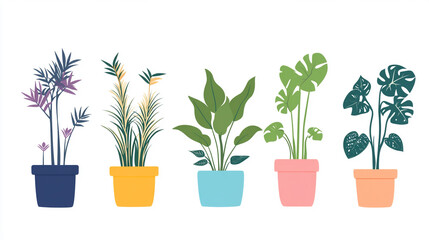 Fototapeta premium Houseplants in pots in a bright flat vector scene. Minimal design and fresh color palette create a modern feel