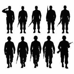 Naklejka premium Set of ten military soldier silhouettes in various combat poses.