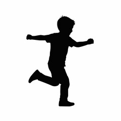 Black silhouette of a young boy running playfully isolated on white.