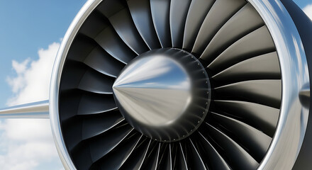 Close-up view of a powerful aircraft jet engine turbine with reflective fan blades against a blue sky