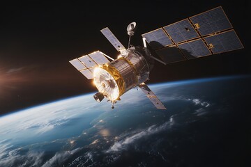A state-of-the-art communication satellite with large solar panels orbiting the Earth in the vastness of space, demonstrating cutting-edge space technology on a sunny day.