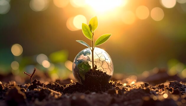 Young plant sprouting from a cracked Earth globe in sunlight