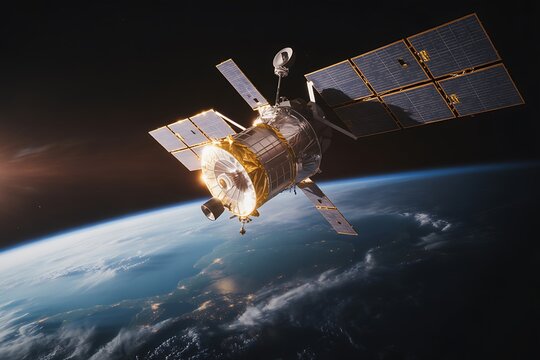 A state-of-the-art communication satellite with large solar panels orbiting the Earth in the vastness of space, demonstrating cutting-edge space technology on a sunny day.