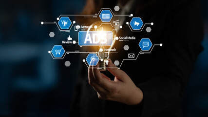 A professional using a smartphone to explore digital marketing concepts, featuring various icons related to social media, advertising, and networking in a contemporary setting. Tessel