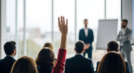 Audience member raising hand during a business presentation with two speakers in suits standing near a whiteboard.