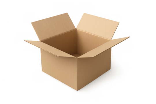 Cardboard box standing open empty, ready for shipping, moving, storage, delivery, or a new packaging concept on transparent background