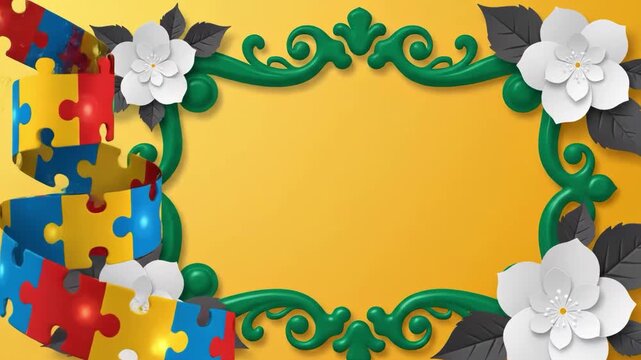 Autism awareness puzzle ribbon with floral frame on yellow background - Powered by Adobe