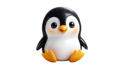 Adorable cartoon baby penguin figurine with big eyes and orange beak, isolated on transparent background