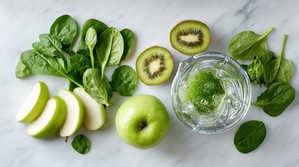 Flat lay of green fruits and vegetables for smoothie, spinach apples kiwi, healthy eating concept, white marble background with copy space, fresh organic food