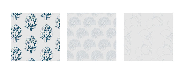 Seamless pattern with lemon, seashell and artichoke. Endless texture design for summer wrapping paper, textile, fabric. Vector illustration.