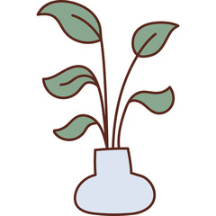 Simple illustration of a green leafy plant in a light blue vase with a transparent background and a brown outline for the plant and vase