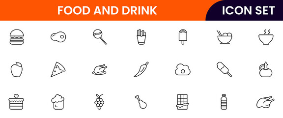 Food and drink web icons in line style. Meal, restaurant, dishes, fruits, fast food, burger, pizza, coffee, sandwich, collection. Vector illustration.