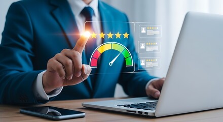 Businessman pointing at a customer satisfaction rating gauge on a digital screen review feedback