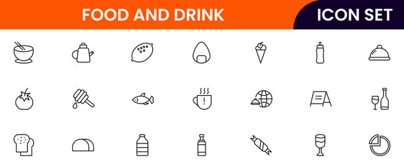 Food and drink web icons in line style. Meal, restaurant, dishes, fruits, fast food, burger, pizza, coffee, sandwich, collection. Vector illustration.