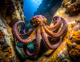 A colorful octopus explores its rocky environment underwater