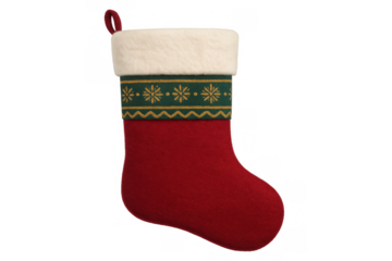 Holiday stocking with a green patterned band, snowflake motifs, and a cozy white fur top, symbolizing seasonal tradition