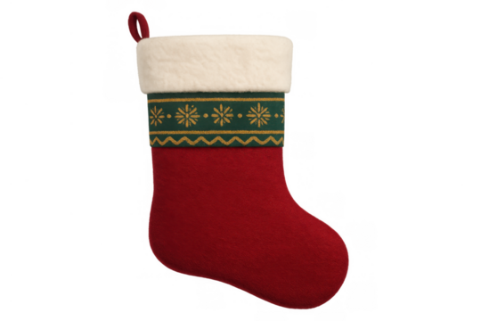 Holiday stocking with a green patterned band, snowflake motifs, and a cozy white fur top, symbolizing seasonal tradition