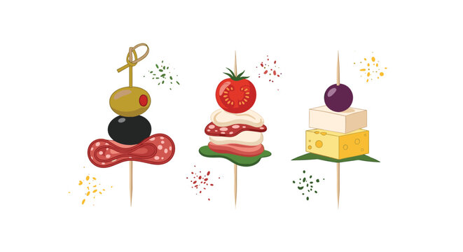 A vibrant illustration featuring three distinct gourmet appetizers on skewers, including olives, salami, cheese, tomato, and basil, perfect for party snacks.