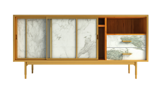 Elegant modern console featuring gold accents, white marble sliding doors, rich wooden shelving, and two marble-front drawers, offering sophisticated storage. background removed