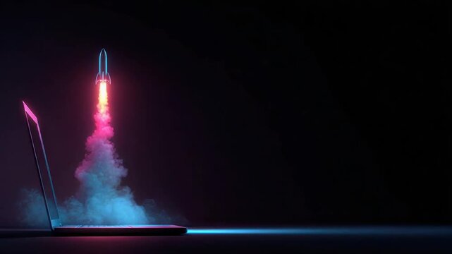 A rocket launching from a laptop, surrounded by neon smoke, against a dark background