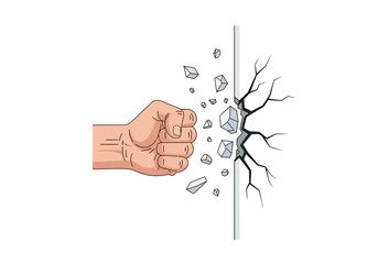 Hand punching through wall concept powerful fist breaking barrier, resilience illustration