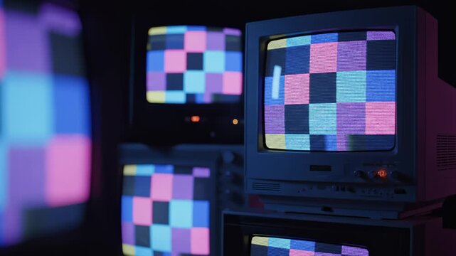 Several Retro Televisions Displaying Test Pattern Static With Light Effects