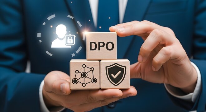 A man in a suit holds wooden blocks spelling "DPO" with icons representing user security and network connections. - Powered by Adobe