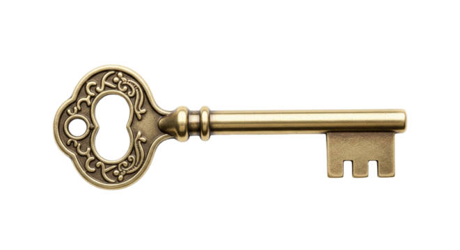 Classic Gold Skeleton Antique Key with Ornate Details, Isolated on Transparent Background