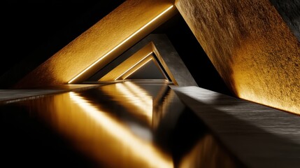 Abstract geometric structure with reflections and warm glowing lights