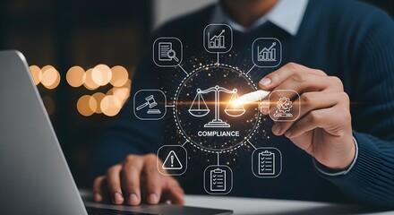 Man interacting with a digital interface displaying scales of justice and compliance icons, with a laptop in the foreground.