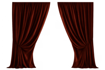 Red velvet stage curtains opening, elegant theater drapes revealing an empty space, transparent background element