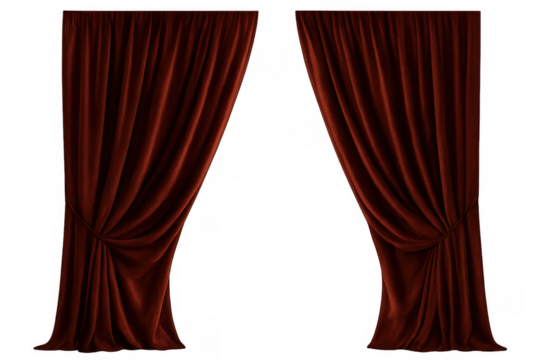 Red velvet stage curtains opening, elegant theater drapes revealing an empty space, transparent background element