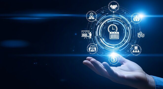 Hand presenting a digital interface with clock, calendar, and business process icons, symbolizing time management and productivity.
