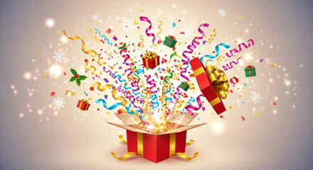 Unwrap Joy with a Burst of Confetti and Gifts from an Open Box for a Festive Celebration, Perfect for Holidays and Special Occasions, Originally Vector