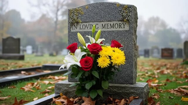 A gravestone with a colorful bouquet of flowers placed in a peaceful cemetery setting during autumn
