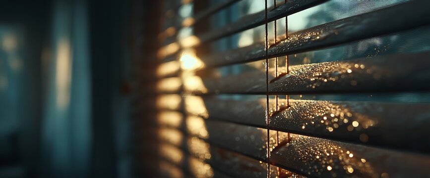 Golden Sunlight through Wet Blinds with Cozy Home Interior, Warm Evening Light, and Atmospheric. - Powered by Adobe