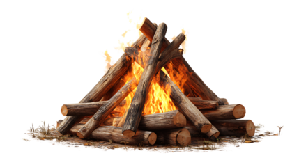 Campfire with burning logs and bright flames, isolated on transparent background