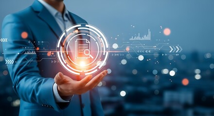 Man in suit presenting a digital document with magnifying glass and charts business technology