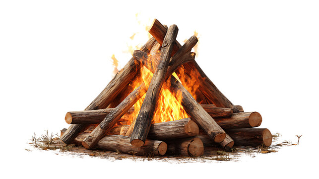Campfire with burning logs and bright flames, isolated on transparent background