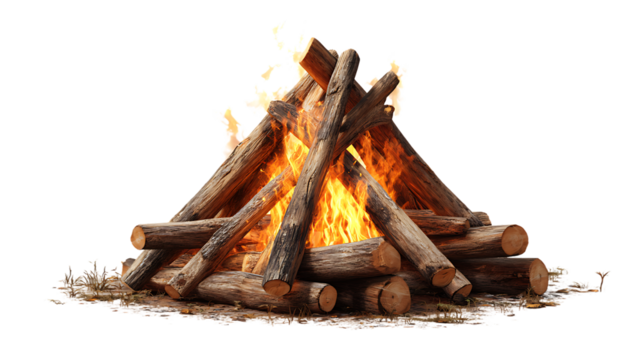 Campfire with burning logs and bright flames, isolated on transparent background