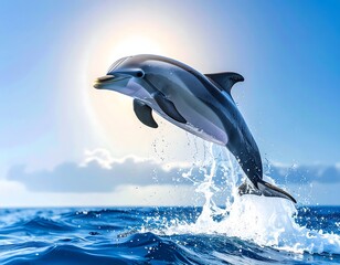 Fototapeta premium A dolphin jumping out of the ocean water in sunlight