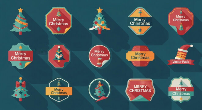 Festive Merry Christmas sticker icons for joyful holiday greetings, adding a touch of seasonal cheer to your designs with these charming vector elements