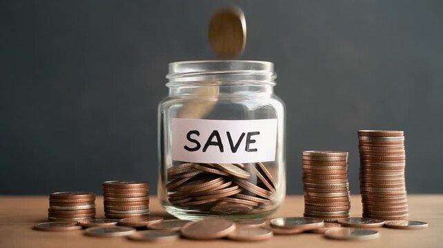 A glass jar labeled 'SAVE' filled with coins on a wooden surface.