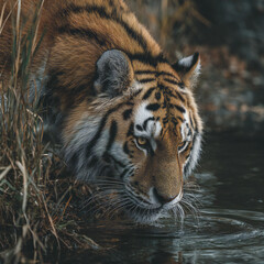 Obraz premium A close up tiger animal in the forest near the lake, portrait photo.